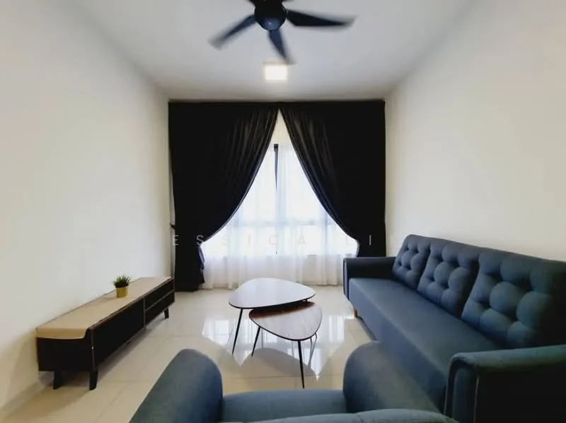 Living features: grey fabric sofa, 2-seater sofa, 3-seater sofa, wooden coffee table, black TV console, floor-to-ceiling windows, sheer curtains, blackout curtains, ceiling fan with light, white painted walls, glossy tile flooring; style: modern.