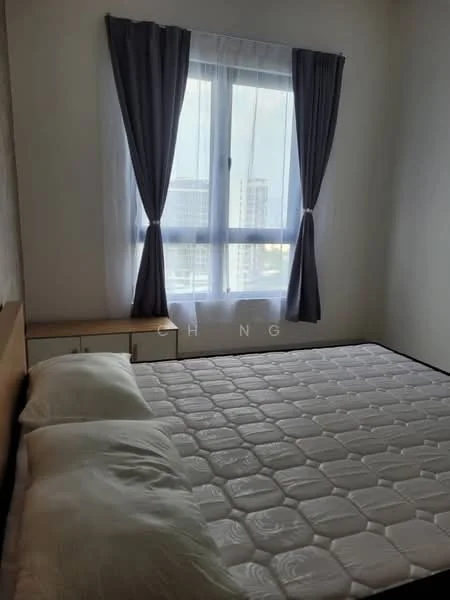 Bedroom features: queen-size bed, white bedding, light grey curtains, floor-to-ceiling window, wooden bedside table, neutral wall colour, laminate flooring, natural light; style: modern; view: city.