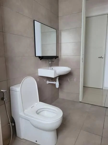 Bathroom features: one-piece toilet, wall-mounted sink, framed mirror, grey tiled walls, beige tiled flooring, chrome faucet, shower hose, wall-mounted towel rail; style: modern.