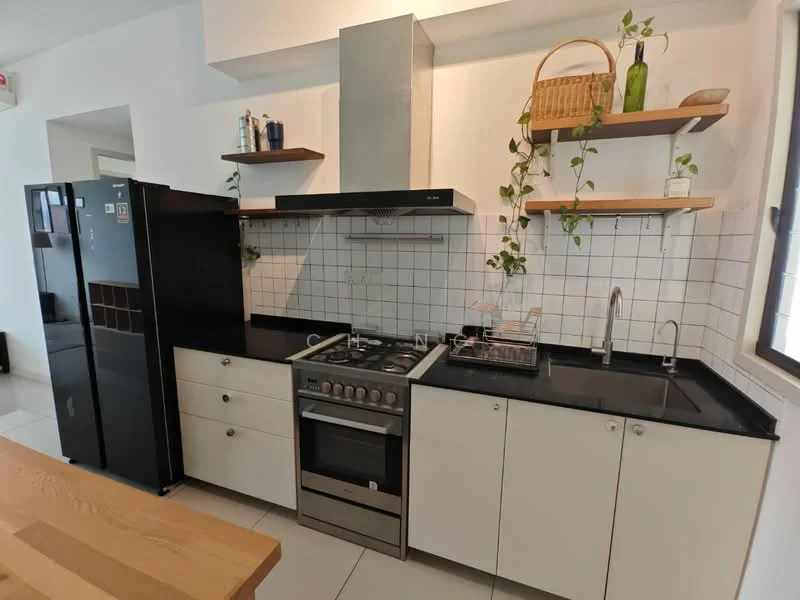 Kitchen features: black refrigerator, stainless-steel gas stove with oven, black granite countertop, white cabinetry with flat-panel doors, open shelving with decorative items, white tiled backsplash, stainless-steel sink, chrome faucet, wooden kitchen island, greenery decor; style: modern.