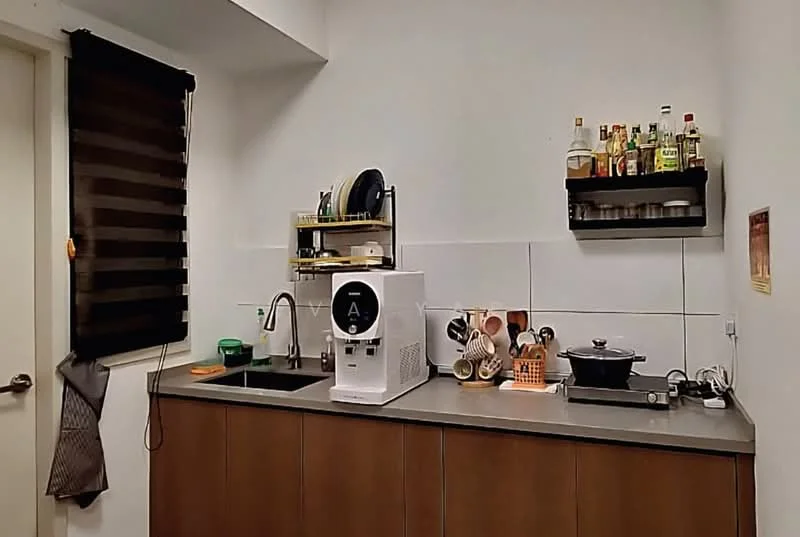 Kitchen features: single-bowl stainless-steel sink, chrome pull-down faucet, grey laminate countertop, white tiled backsplash, wood cabinetry with brown finish, open shelving with bottles, kitchen appliances including water dispenser, black pot on stove, black and white striped window treatment, wall-mounted spice rack; style: modern.