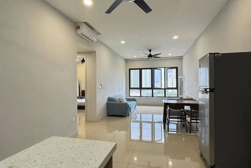 Living features: white painted walls, glossy ceramic tile flooring, 5-blade ceiling fan with light, floor-to-ceiling windows, grey fabric sofa, dining table with 4 chairs, stainless-steel fridge, air conditioning unit; style: modern; view: city.
