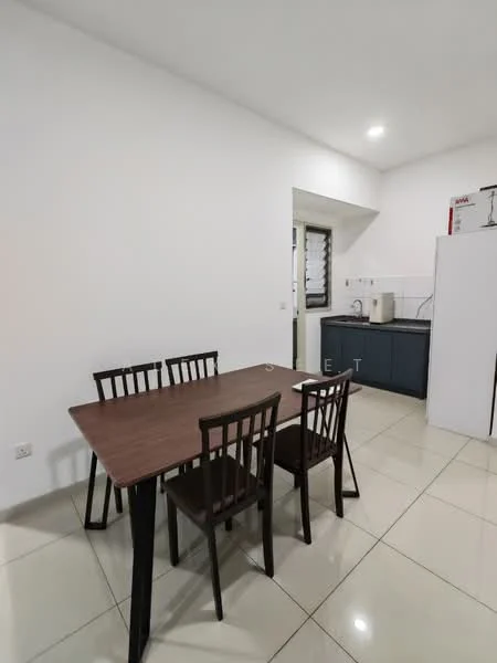 Dining features: wooden dining table, 4 wooden dining chairs, white painted walls, glossy tile flooring, recessed ceiling lights, kitchen cabinetry in dark blue, white refrigerator, kitchen countertop, sink, window with grille; style: modern.
