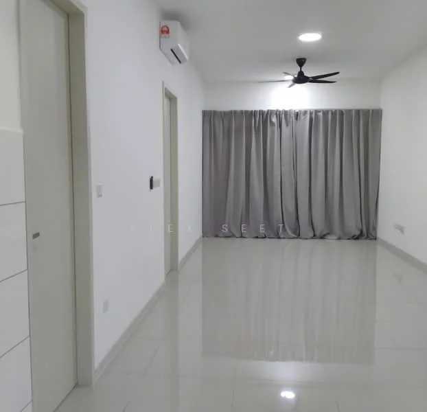 Living features: white painted walls, glossy tile flooring, 5-blade ceiling fan with light, floor-to-ceiling window with grey curtains, wall-mounted air conditioning unit, recessed downlights; style: modern. Room features: white painted walls, glossy tile flooring, doorway to adjacent room.