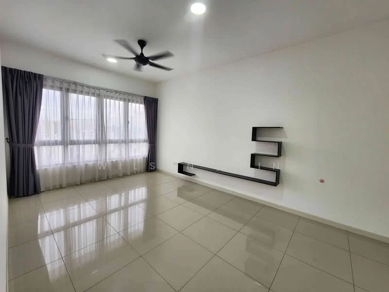 Living features: white painted walls, glossy ceramic tile flooring, 5-blade ceiling fan with light, floor-to-ceiling windows, sheer curtains, blackout curtains, wall-mounted shelf, natural light from windows; style: modern.