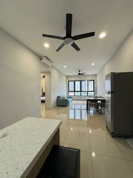 Living features: white painted walls, polished ceramic tile flooring, 5-blade ceiling fan with light, floor-to-ceiling windows, sliding glass door, grey fabric sofa, dining table with chairs, stainless-steel fridge, recessed LED downlights; style: modern.