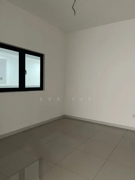 Room features: white painted walls, grey tiled flooring, black framed window, ceiling light fixture, no visible furniture, minimal decor; style: modern.