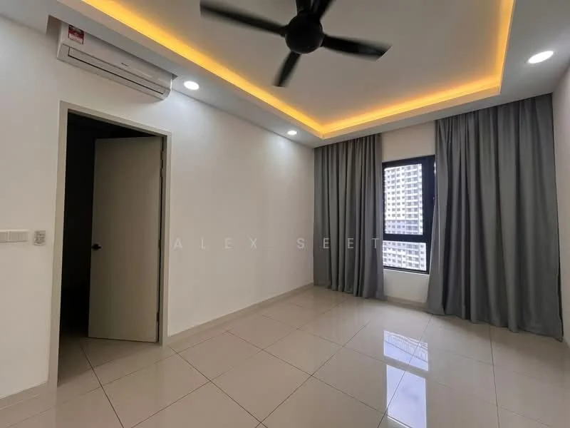 Room features: white painted walls, tray ceiling with LED lighting, floor-to-ceiling window, grey curtains, light-colored tile flooring, 1 wall-mounted split AC, ceiling fan, recessed downlights; style: modern; view: city.