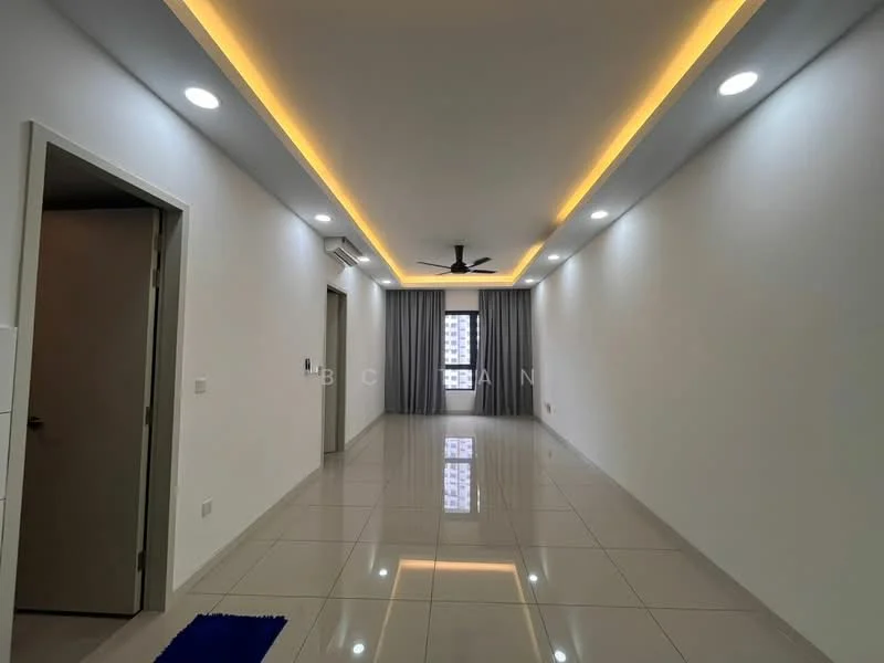 Room features: white painted walls, recessed ceiling with LED strip lighting, ceiling fan, large window with sheer curtains, glossy ceramic tile flooring, doorway leading to another room, doorway leading to bathroom, neutral color scheme; style: modern; view: city.