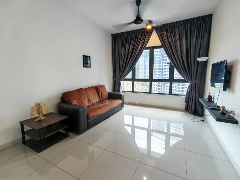 Living features: 3-seater brown leather sofa, black coffee table, wall-mounted TV, TV console, floor-to-ceiling windows, grey curtains, white painted walls, polished ceramic tile flooring, ceiling fan with light, decorative wall art; style: modern; view: city.