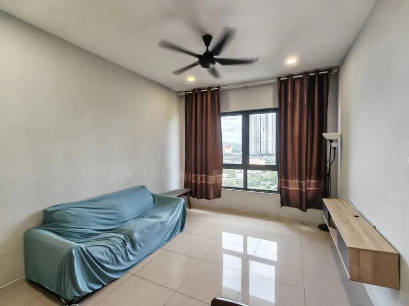 Living features: 3-seater fabric sofa in blue, floor-to-ceiling windows, brown curtains, white painted walls, glossy tile flooring, ceiling fan, wall-mounted TV console, lamp, city view; style: modern; view: city.