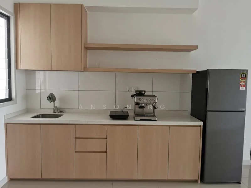 Kitchen features: light wood cabinetry, white countertop, single-bowl stainless-steel sink, chrome pull-down faucet, built-in coffee machine, stainless-steel fridge, open shelving above countertop, tile backsplash, neutral wall colour, ceramic tile flooring; style: modern.