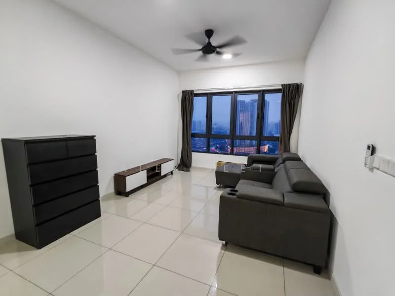 Living features: grey fabric L-shape sectional sofa, 3-seater sofa, coffee table, TV console, black 6-drawer dresser, floor-to-ceiling windows, curtains, ceiling fan with light, glossy tile flooring, white painted walls; style: modern; view: city.