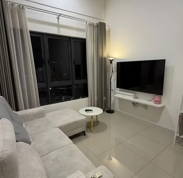 Living features: L-shape sectional sofa in light grey, coffee table with white top and gold legs, wall-mounted TV, floor lamp, curtains in light grey, large windows with city view, glossy tile flooring, white wall, shelf under TV; style: modern; view: city.