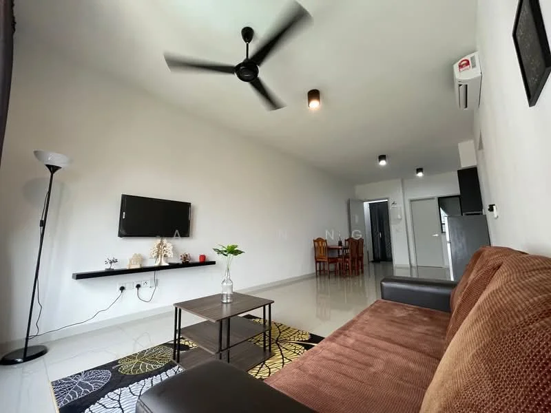 Living features: 3-seater fabric sofa in brown, coffee table, floor lamp, wall-mounted TV, TV console, ceiling fan, recessed downlights, white painted walls, glossy tile flooring, decorative area rug with geometric pattern; style: modern. Dining features: 4-seater dining table, wooden dining chairs; style: modern. Kitchen features: fridge, white cabinetry, countertop, wall-mounted air conditioning unit; style: modern.