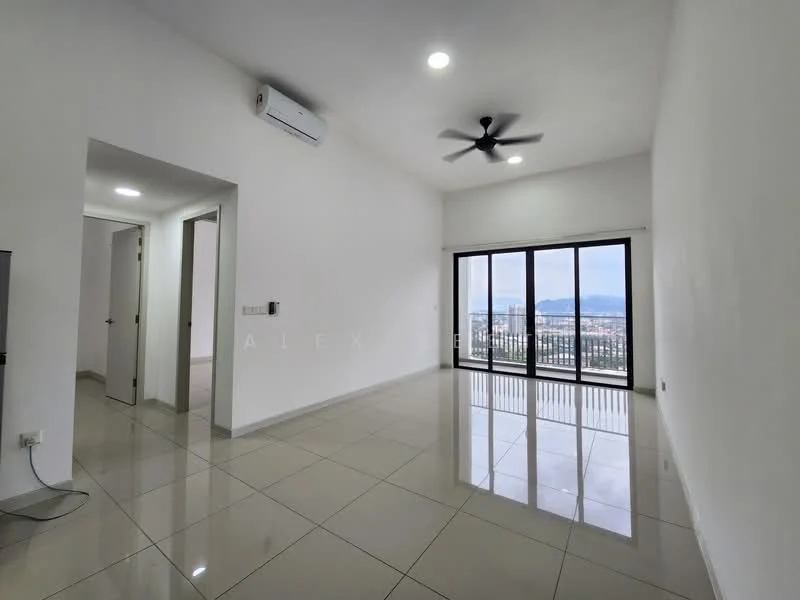 Living features: white painted walls, polished ceramic tile flooring, 5-blade ceiling fan with light, floor-to-ceiling windows, city view, air conditioning unit, recessed downlights; style: modern; view: city. Room features: white painted walls, doorway to adjacent rooms.