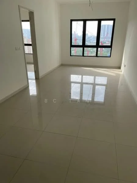 Room features: white painted walls, glossy ceramic tile flooring, floor-to-ceiling windows, city view, natural light from windows, no visible furniture, smooth ceiling, light fixture hanging from ceiling; style: modern; view: city.
