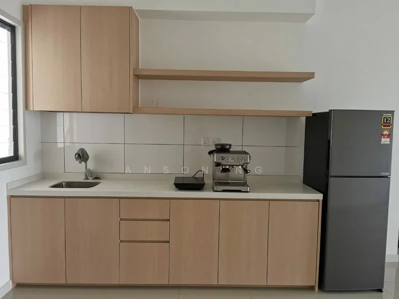 Kitchen features: light wood cabinetry, white countertop, single-bowl stainless-steel sink, chrome pull-down faucet, built-in coffee machine, freestanding fridge, white tiled backsplash, open shelving above countertop, ceramic tile flooring, window with grid pattern; style: modern.
