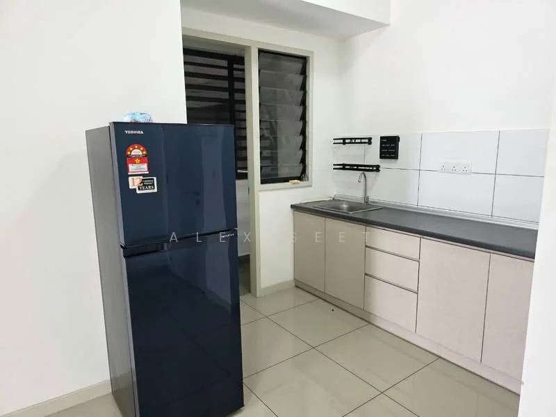 Kitchen features: dark blue fridge, single-bowl stainless-steel sink, chrome pull-down faucet, grey laminate countertop, white tiled backsplash, light beige cabinetry, wall-mounted window with black grilles, ceramic tile flooring, recessed downlights; style: modern.