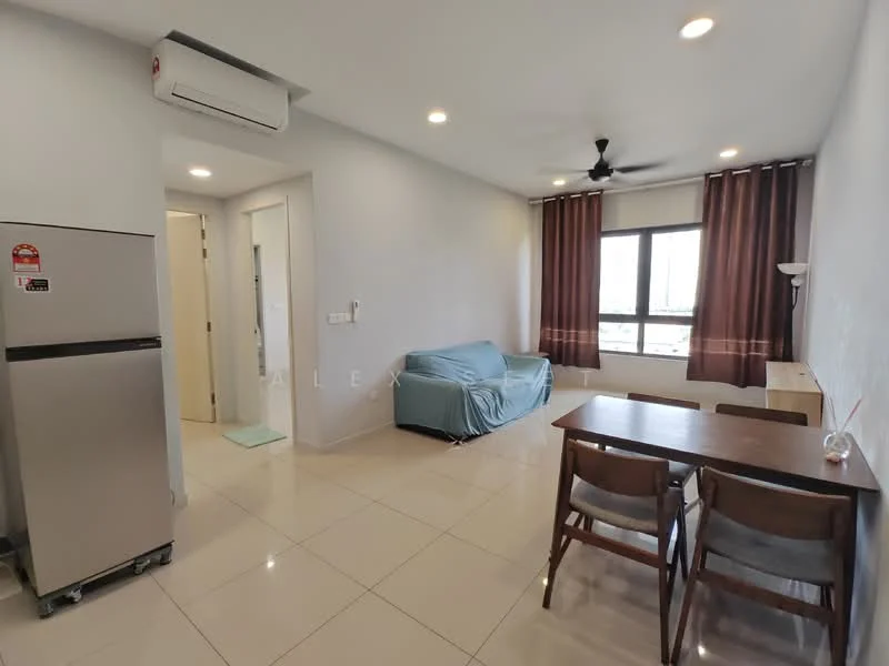 Living features: wall-mounted split AC, 5-blade ceiling fan, grey fabric sofa, dining table with 2 wooden chairs, floor-to-ceiling windows, brown curtains, white painted walls, glossy ceramic tile flooring, table lamp; style: modern; view: city. Room features: white painted walls, glossy ceramic tile flooring.
