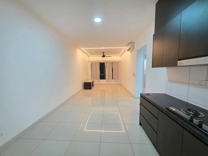 Living features: white painted walls, glossy tile flooring, recessed downlights, 5-blade ceiling fan, large window with sheer curtains, black kitchen cabinetry, black countertop, built-in kitchen appliances, open layout, neutral color scheme; style: modern.