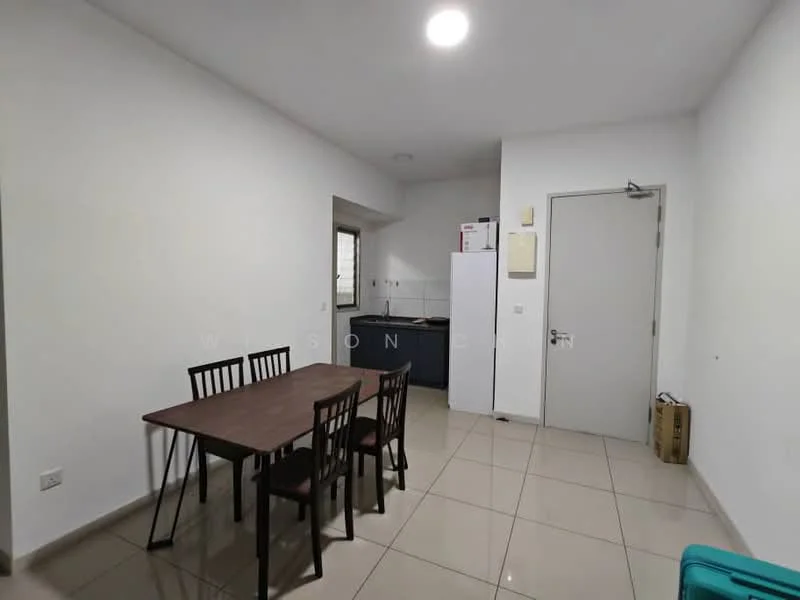 Dining features: wood dining table, 4 wooden dining chairs, white painted walls, tile flooring, recessed downlights, window with natural light, kitchen area visible, fridge, door leading to hallway; style: modern. Kitchen features: dark cabinetry, countertop, sink, stainless-steel fridge, kitchen appliances visible; style: modern.
