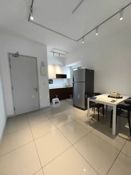 Kitchen features: white painted walls, glossy ceramic tile flooring, recessed downlights, built-in cabinets with wood finish, stainless-steel fridge, white countertop, kitchen island with seating, dining table with four chairs; style: modern.