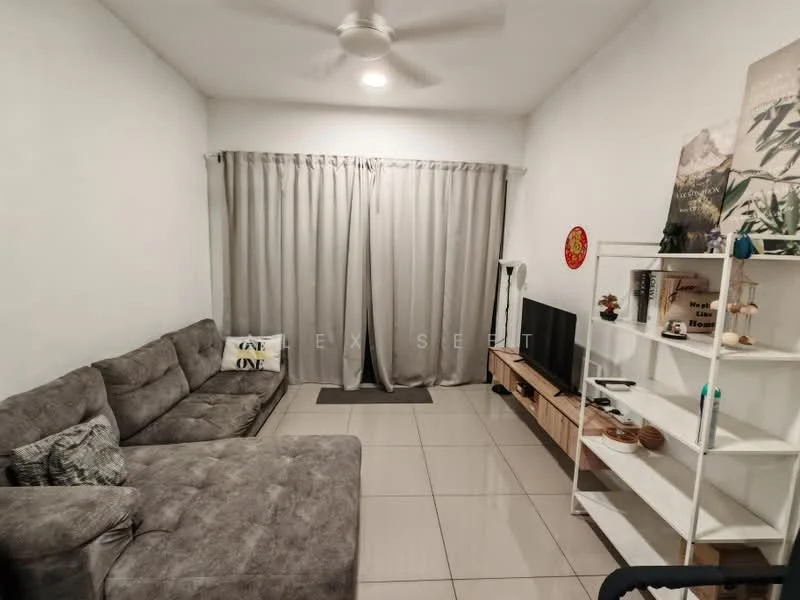 Living features: grey fabric sectional sofa, light grey walls, white ceiling, 5-blade ceiling fan, large window with sheer curtains, flat-screen TV on wooden console, wooden TV console, decorative wall art, ceramic floor tiles; style: modern.