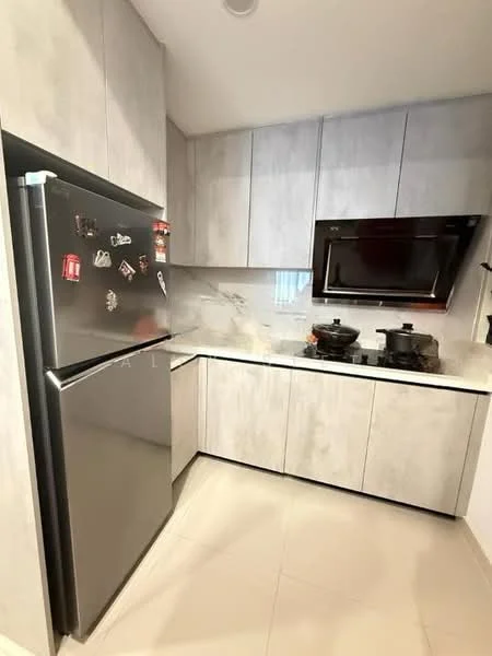 Kitchen features: grey cabinetry, stainless-steel fridge, built-in oven, glass cooktop, white quartz countertop, marble backsplash, under-cabinet lighting, tile flooring, two-burner gas hob; style: modern.