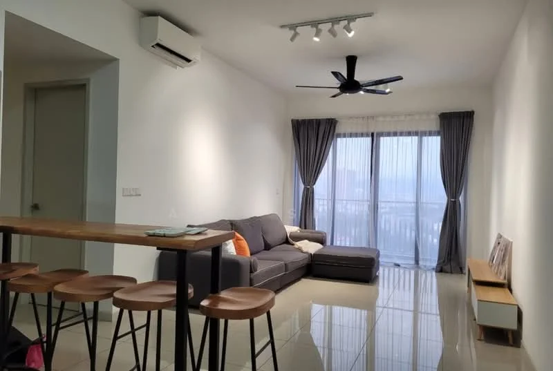 Living features: grey fabric sectional sofa, 3-seater sofa, wooden coffee table, 4 wooden bar stools, floor-to-ceiling windows, sheer curtains, dark grey curtains, recessed LED downlights, 5-blade ceiling fan with light, glossy tile flooring, wall-mounted TV console, decorative wall art; style: modern; view: city.