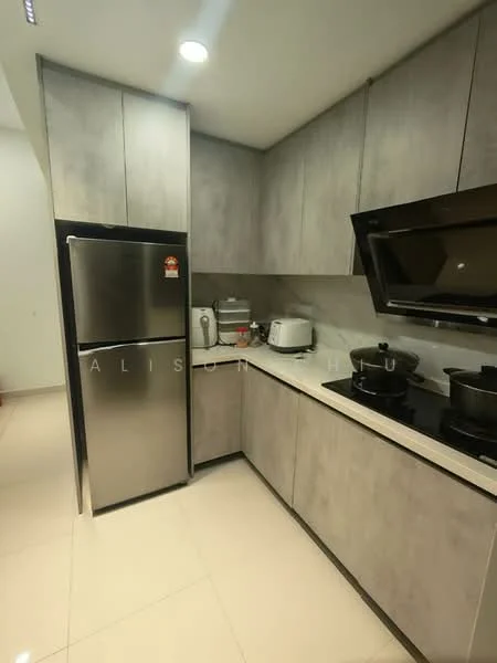 Kitchen features: grey laminate cabinetry, white quartz countertop, stainless-steel fridge, built-in microwave, ceramic cooktop, black glass range hood, stainless-steel sink, chrome pull-down faucet, tile backsplash, recessed downlights, wall-mounted storage, open shelving; style: modern.