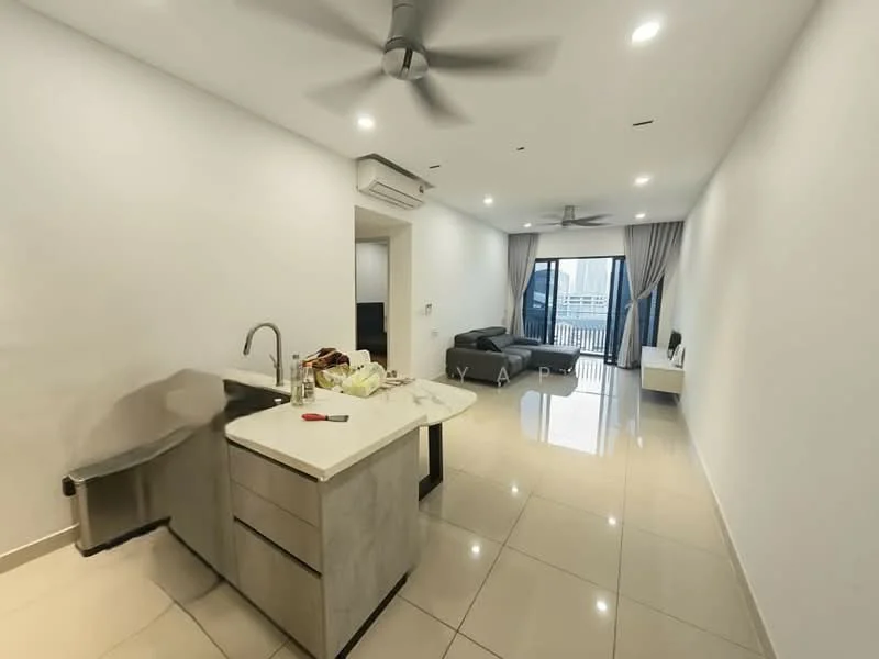 Kitchen features: single-bowl stainless-steel sink, chrome pull-down faucet, grey cabinetry, kitchen island with seating, countertop with overhang, built-in appliances, tile backsplash; style: modern. Living features: 3-seater fabric sofa in grey, floor-to-ceiling windows, sliding glass door, curtains, ceiling fan, wall-mounted TV, polished tile flooring, decorative wall; style: modern; view: city.