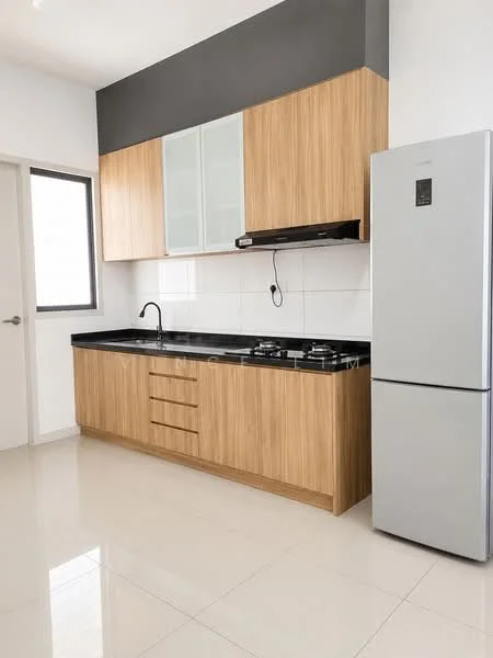Kitchen features: wood cabinetry, black granite countertop, stainless-steel fridge, built-in gas hob, stainless-steel range hood, single-bowl stainless-steel sink, chrome pull-down faucet, white tiled backsplash, white walls, glossy tile flooring, window with view, under-cabinet lighting; style: modern.
