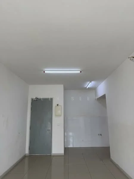 Room features: white painted walls, grey tiled flooring, fluorescent ceiling lights, metal door, wall-mounted water heater, corner with staircase; style: minimalist.