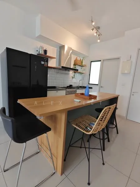 Kitchen features: black refrigerator, stainless-steel range oven, white tiled backsplash, wooden countertop, bar seating with two stools, open shelving, kitchen sink, cabinets with minimalistic design, track lighting, window for natural light, ceramic tile flooring; style: modern.