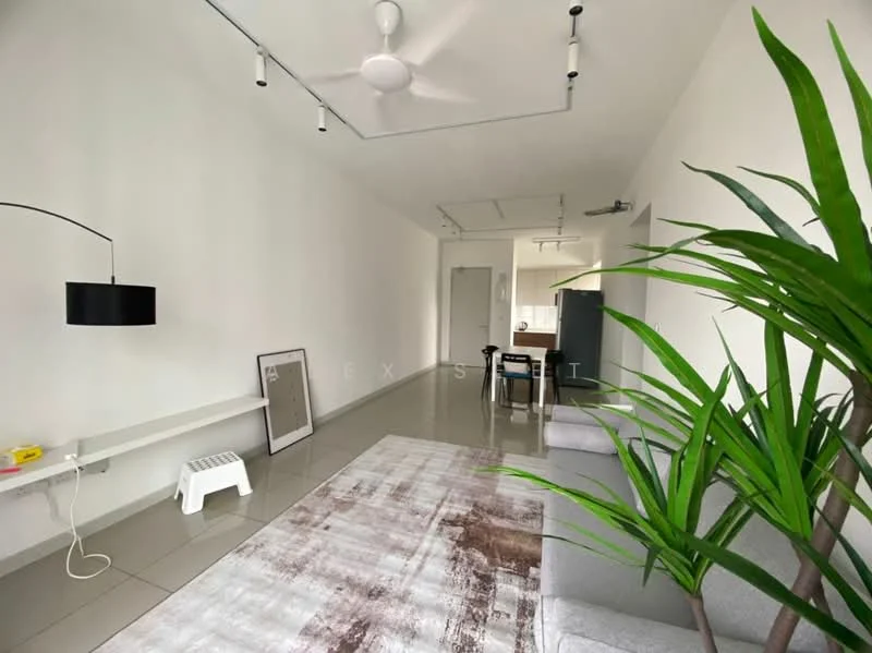 Living features: grey fabric sofa, area rug with abstract pattern, white painted walls, recessed ceiling lights, 5-blade ceiling fan, large indoor plant, sliding glass door, wall-mounted shelf, decorative wall art, tile flooring; style: modern.