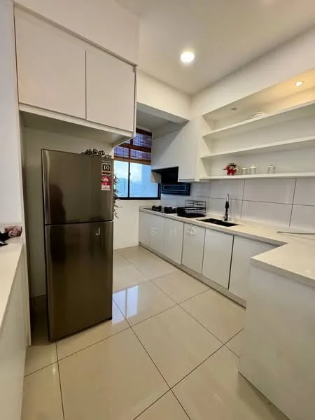 Kitchen features: white cabinetry with flat-panel doors, stainless-steel fridge, black gooseneck faucet, single-bowl stainless-steel sink, white quartz countertop, ceramic tile backsplash, open shelving, recessed LED downlights, large window with wooden blinds, polished ceramic tile flooring; style: modern.