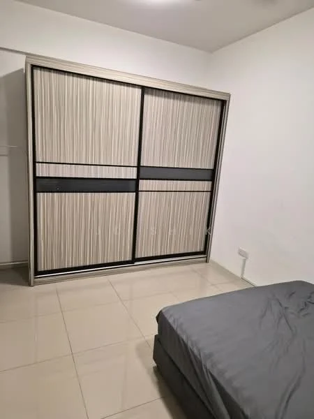 Bedroom features: sliding wardrobe with wood paneling, grey bed with fitted sheet, white painted walls, glossy tile flooring, ceiling light fixture; style: modern.