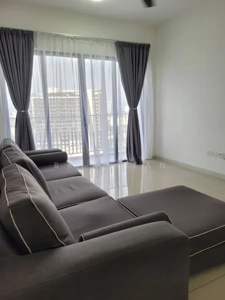 Living features: 3-seater fabric sofa in grey, floor-to-ceiling windows, sheer curtains, grey accent wall, polished tile flooring, ceiling fan, area rug, natural light from windows; style: modern; view: city.