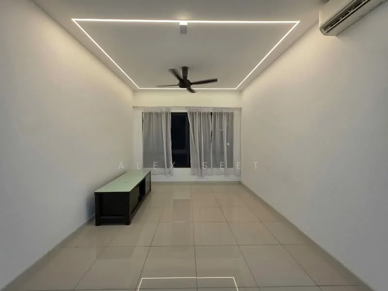 Living features: white painted walls, polished ceramic tile flooring, tray ceiling with recessed lighting, 5-blade ceiling fan, floor-to-ceiling window with sheer curtains, TV console, air conditioning unit; style: modern.