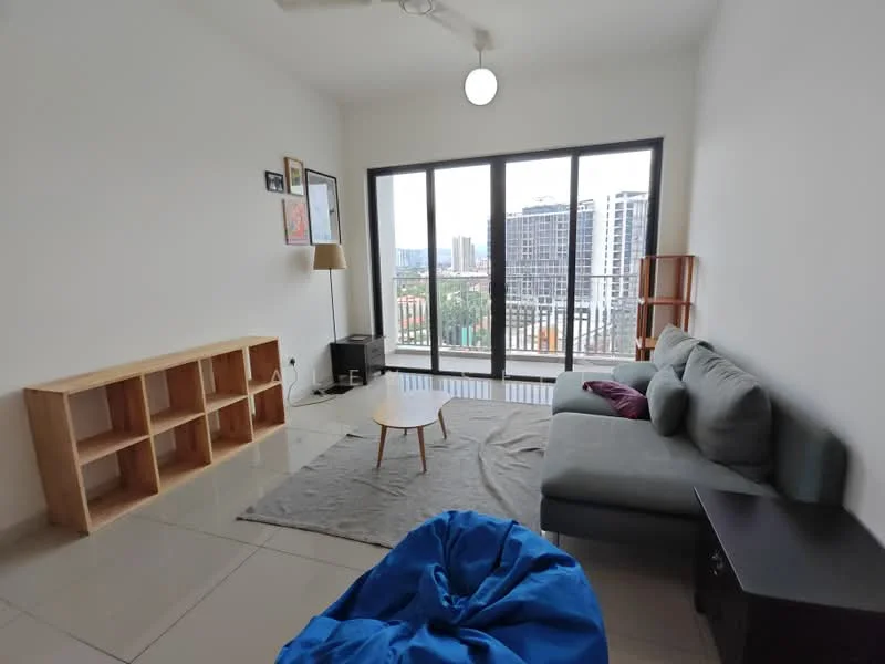 Living features: grey fabric L-shape sectional sofa, wooden coffee table, beige area rug, wooden shelving unit, floor-to-ceiling windows, city view, light fixture, bean bag chair in blue, cream painted walls, polished tile flooring; style: modern; view: city.