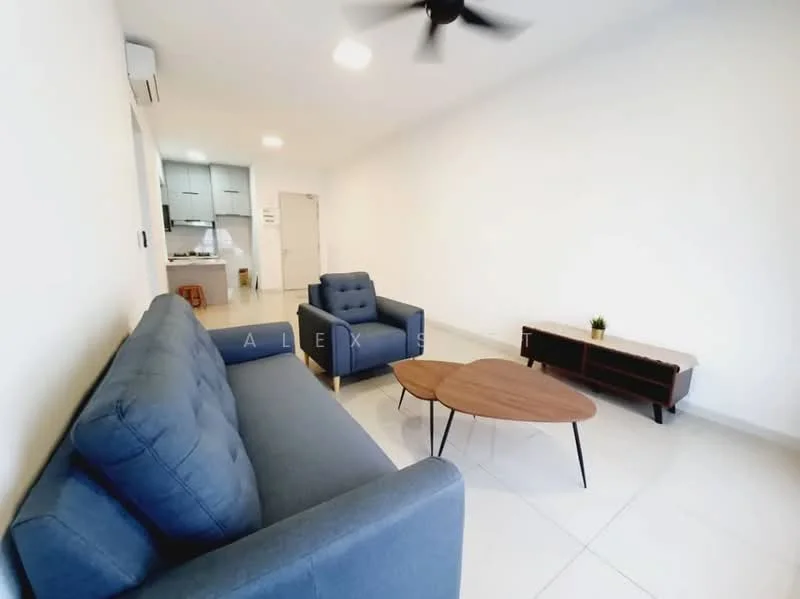 Living features: 3-seater fabric sofa in blue, 2-seater fabric sofa in blue, wooden coffee table with round top, TV console with storage, white painted walls, tile flooring, ceiling fan, air conditioning unit, natural light from windows, decorative plant on coffee table; style: modern.