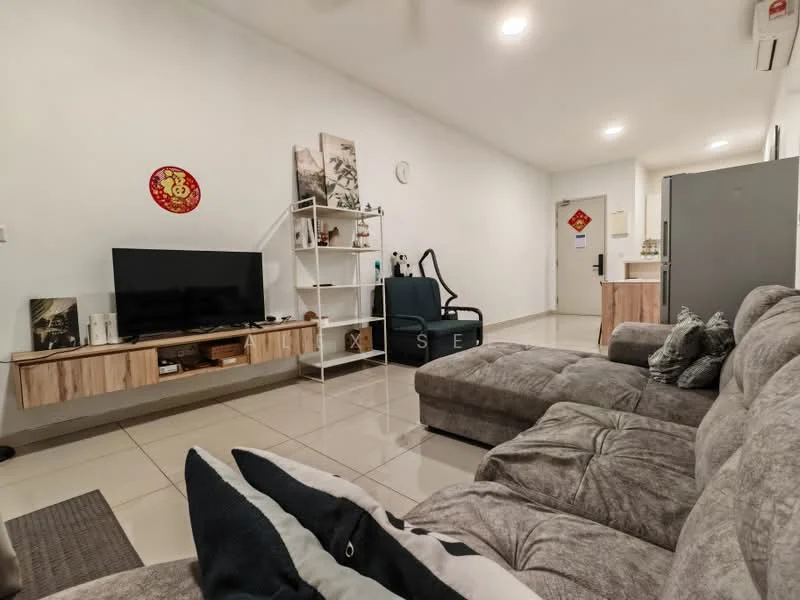 Living features: grey fabric sectional sofa, wooden TV console, wall-mounted TV, open shelving unit, decorative wall art, recessed ceiling lights, cream painted walls, glossy tile flooring, air conditioning unit; style: modern.