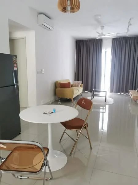 Living features: grey walls, glossy tile flooring, 5-blade ceiling fan, wall-mounted split AC, floor-to-ceiling windows, sheer curtains, sofa in yellow, round coffee table, dining table with white base, 2 folding chairs, decorative wall art; style: modern.
