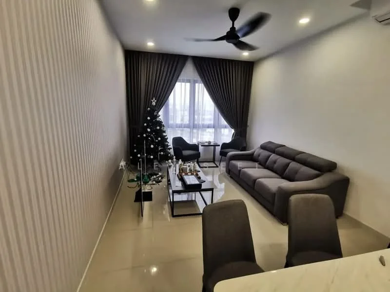 Living features: grey fabric sofa, 3-seater sofa, black coffee table, 2 accent chairs, decorative Christmas tree, floor-to-ceiling windows, sheer curtains, dark brown curtains, recessed LED downlights, polished tile flooring, ceiling fan; style: modern; view: city.