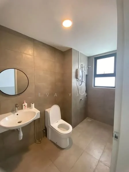 Bathroom features: grey tile walls, light grey tile flooring, round mirror, single-sink vanity with wall-mounted faucet, one-piece toilet, shower with handheld shower head, window, wall-mounted water heater, soap dispenser, toilet paper holder; style: modern.