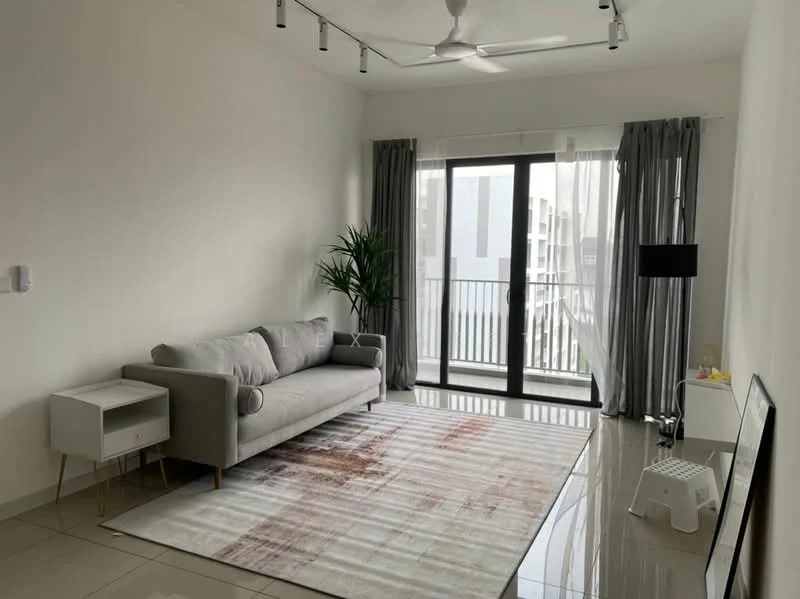 Living features: grey fabric 3-seater sofa, white side table, area rug with abstract pattern, floor-to-ceiling windows, sliding glass door, curtains in grey, ceiling fan with light, decorative plant in pot, wall-mounted TV, white stool, light fixture on floor; style: modern; view: city.