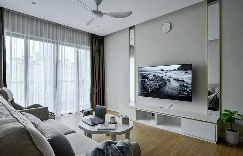 Living features: 3-seater fabric sofa in light grey, coffee table, wall-mounted TV, TV console with storage, floor-to-ceiling windows, sheer curtains, wooden flooring, ceiling fan, decorative wall clock, houseplant in ceramic pot, neutral painted walls, recessed lighting; style: modern; view: city.