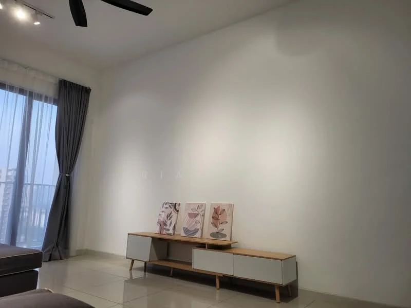 Room features: white painted walls, grey floor tiles, floor-to-ceiling windows, sheer curtains, wooden sideboard, decorative artwork on sideboard, ceiling fan; style: modern; view: city.
