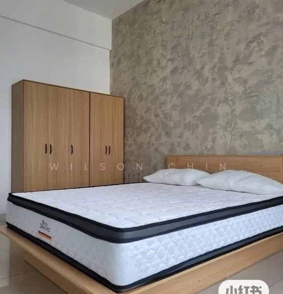 Bedroom features: queen-size bed with mattress, two white pillows, wooden bed frame, wooden wardrobe with two doors, textured accent wall in grey, cream tiled flooring, natural light from window, minimalist decor; style: modern.